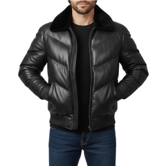 Men's Black Vintage Leather Puffer Bomber Fur Collar Winter Jacket