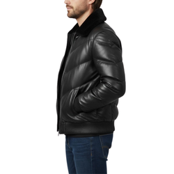 Men's Black Vintage Leather Puffer Bomber Fur Collar Winter Jacket