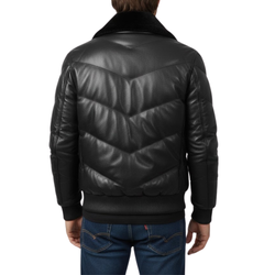 Men's Black Vintage Leather Puffer Bomber Fur Collar Winter Jacket