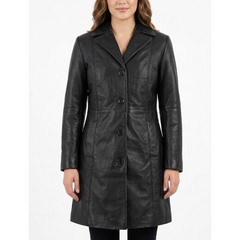 Women's Real Sheepskin Leather Black Coat - Black Mid-Length Trench