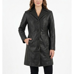 Women's Real Sheepskin Leather Black Coat - Black Mid-Length Trench