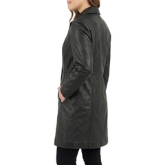 Women's Real Sheepskin Leather Black Coat - Black Mid-Length Trench