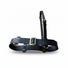 A black leather harness with gold-tone metal hardware, including a buckle, rings, and studs, displayed against a clean white background.