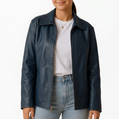 Women's Blue Wax Vintage Leather Jacket - New Fashion Style Outerwear