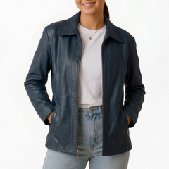 Women's Blue Wax Vintage Leather Jacket - New Fashion Style Outerwear