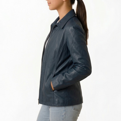 Women's Blue Wax Vintage Leather Jacket - New Fashion Style Outerwear