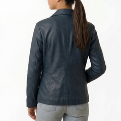 Women's Blue Wax Vintage Leather Jacket - New Fashion Style Outerwear