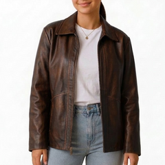 Women's Blue Wax Vintage Leather Jacket - New Fashion Style Outerwear