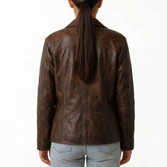 Women's Blue Wax Vintage Leather Jacket - New Fashion Style Outerwear