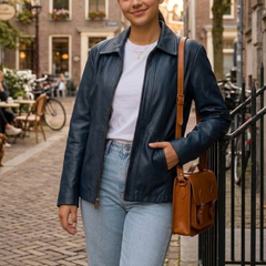 Women's Blue Wax Vintage Leather Jacket - New Fashion Style Outerwear