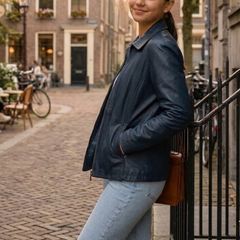 Women's Blue Wax Vintage Leather Jacket - New Fashion Style Outerwear