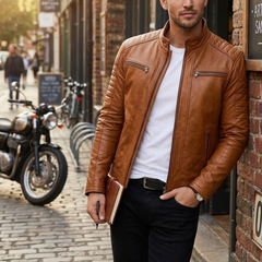 Men's Brown Lambskin Leather Jacket - Cafe Racer Motorcycle Outerwear Jacket