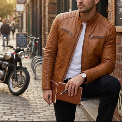 Men's Brown Lambskin Leather Jacket - Cafe Racer Motorcycle Outerwear Jacket