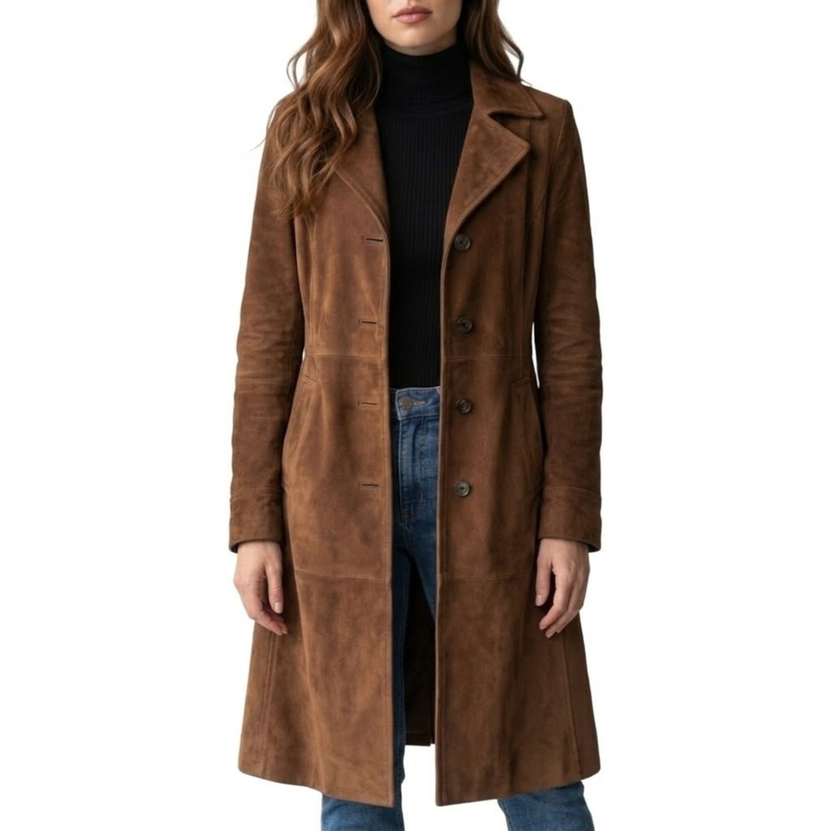 Womens Brown Suede Leather Single Breasted Overcoat