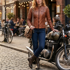 Women's Vintage Brown Waxed Leather Cafe Racer Style Motorcycle Jacket