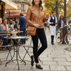 Women's Brown Leather Cafe Racer Style Motorcycle Jacket