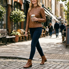 Women's Brown Leather Quilted Biker Motorcycle Racer Jacket