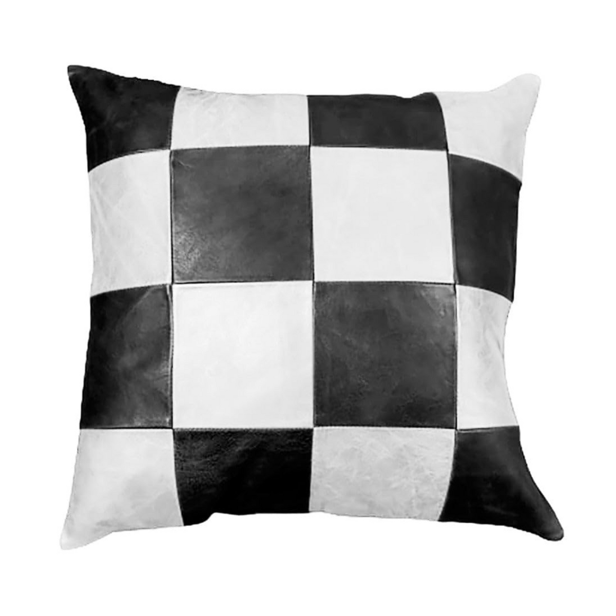 Black and white checkered genuine leather square pillow cover centered on a white background 