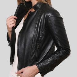 Women's Padded Slim Fit Racer Black Leather Jacket