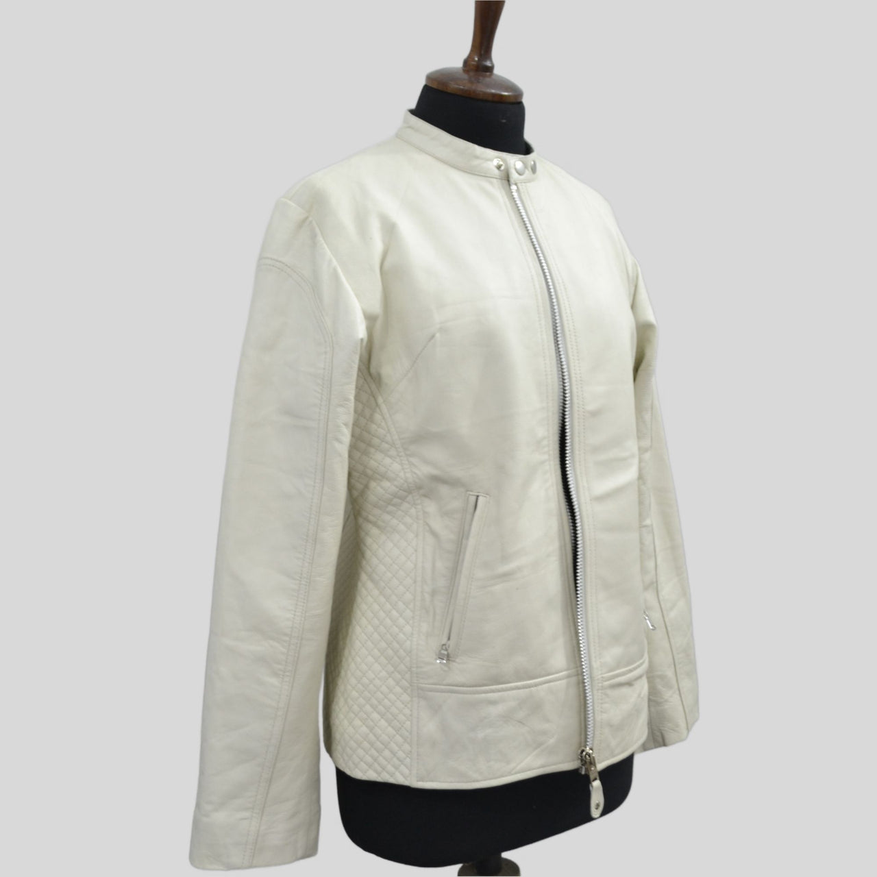 Women's Beige Quilted Cafe Racer Genuine Lambskin Leather Jacket