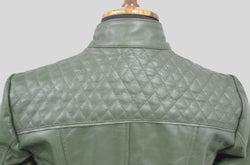 Women's Green Quilted Belted Collar Cafe Racer Leather Jacket