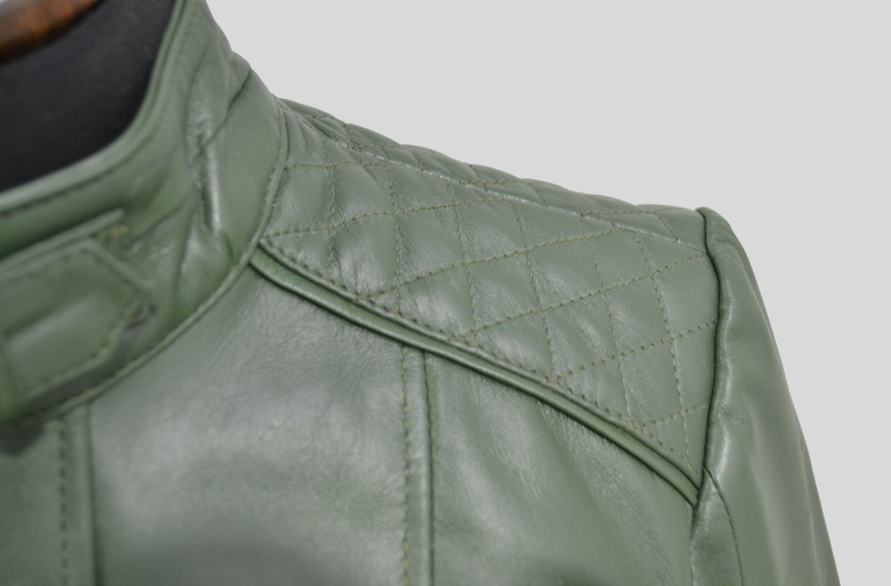 Women's Green Quilted Belted Collar Cafe Racer Leather Jacket