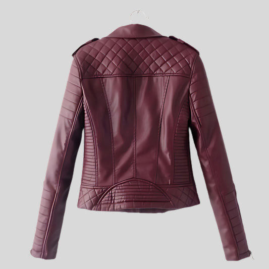 Women's Maroon Motorcycle Biker Real Sheepskin Leather Jacket