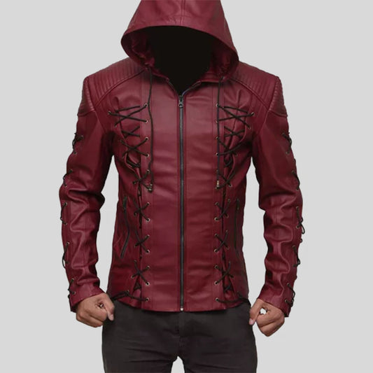Men's Maroon Hooded Lace up Fashion Real Sheepskin Leather Jacket Man's