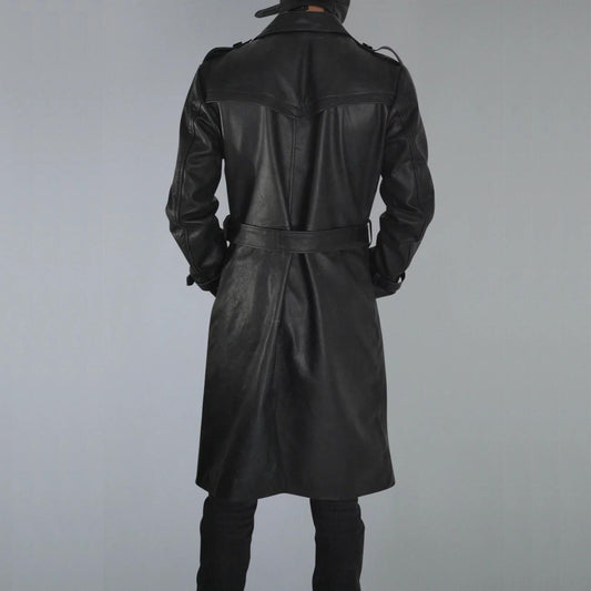 Mens Belted Black Trench Genuine Leather Coat With Lapel Collar