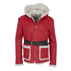 Men's Santa Claus Sherpa Fur Red Belted Hooded Leather Jacket