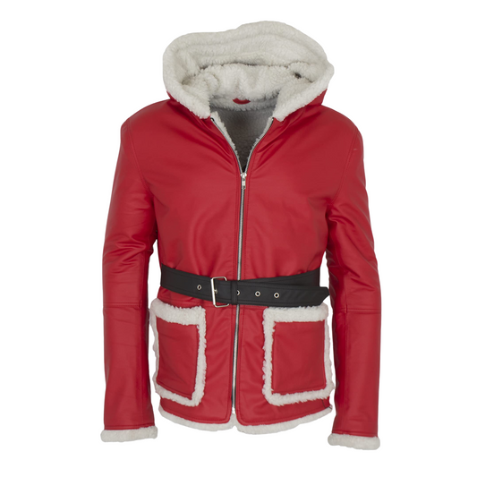 Men's Santa Claus Sherpa Fur Red Belted Hooded Leather Jacket