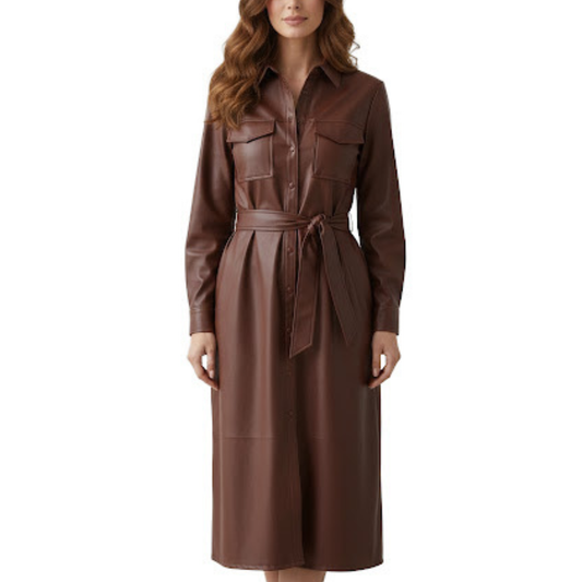 Women's Brown Genuine Leather American New Style Long Trench Coat