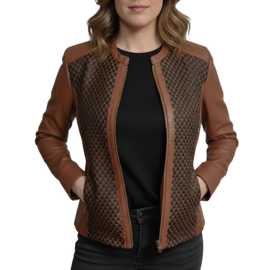 Womens Brown And Black Quilted Patterned Real Sheepskin Leather Jacket