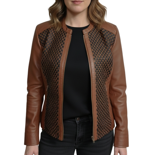 Womens Brown And Black Quilted Patterned Real Sheepskin Leather Jacket
