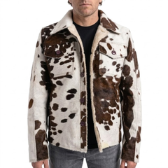Cowhide Leather Jacket - Western Hair on Hide Brown White Coat - Cow Skin Jacket for Men