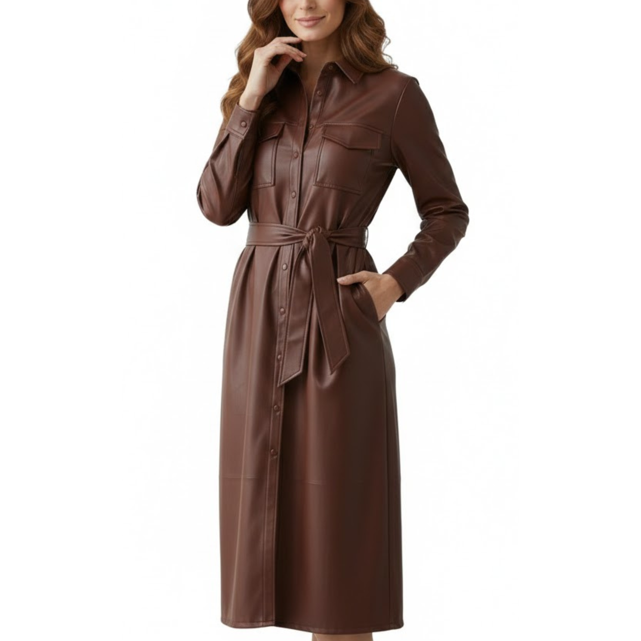Women's Brown Genuine Leather American New Style Long Trench Coat