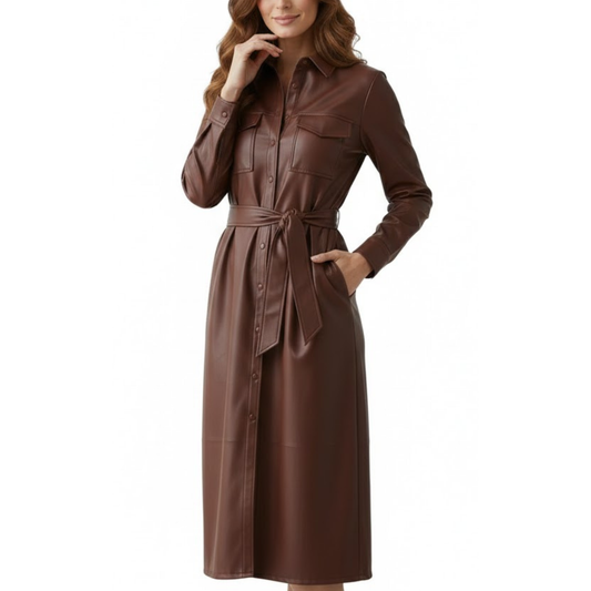 Women's Brown Genuine Leather American New Style Long Trench Coat