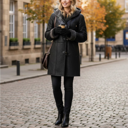 Women's Black Sheepskin Leather Duffle Faux Shearling Winter Coat