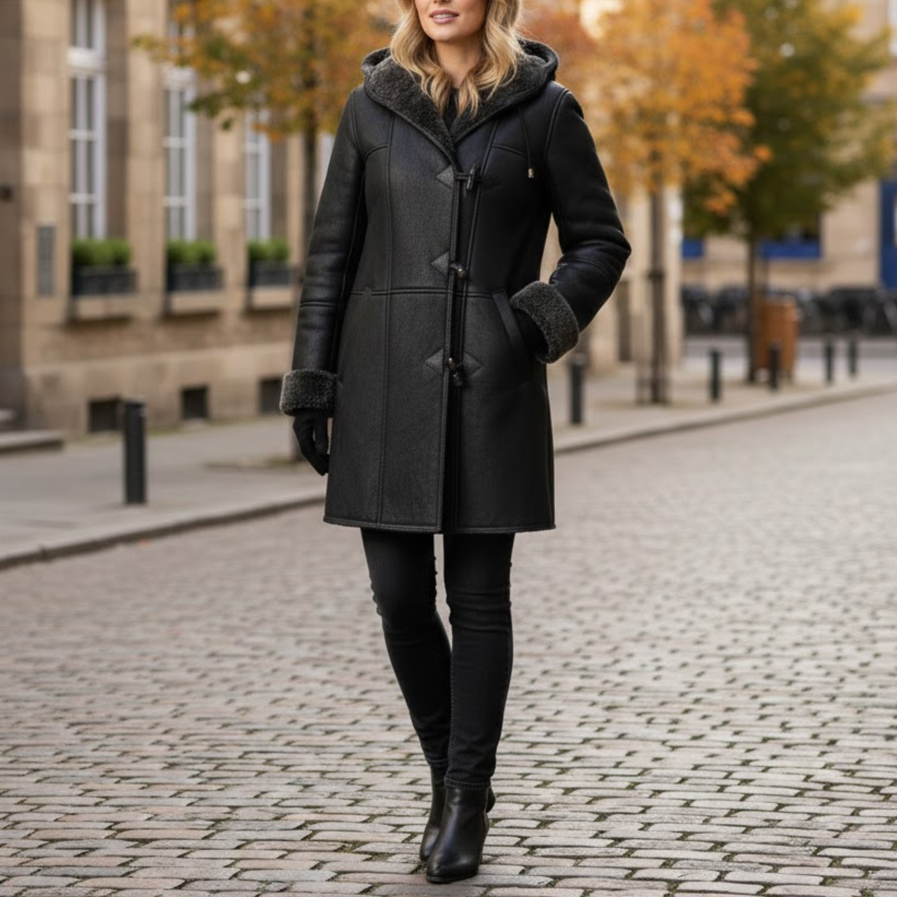 Women's Black Sheepskin Leather Duffle Faux Shearling Winter Coat