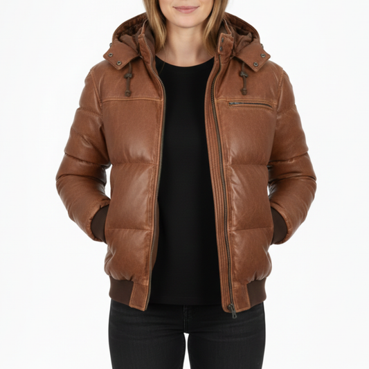 Women's Vintage Real Leather Brown Puffer Hooded Bomber Winter Jacket