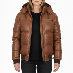 Women's Vintage Real Leather Brown Puffer Hooded Bomber Winter Jacket