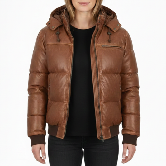 Women's Vintage Real Leather Brown Puffer Hooded Bomber Winter Jacket