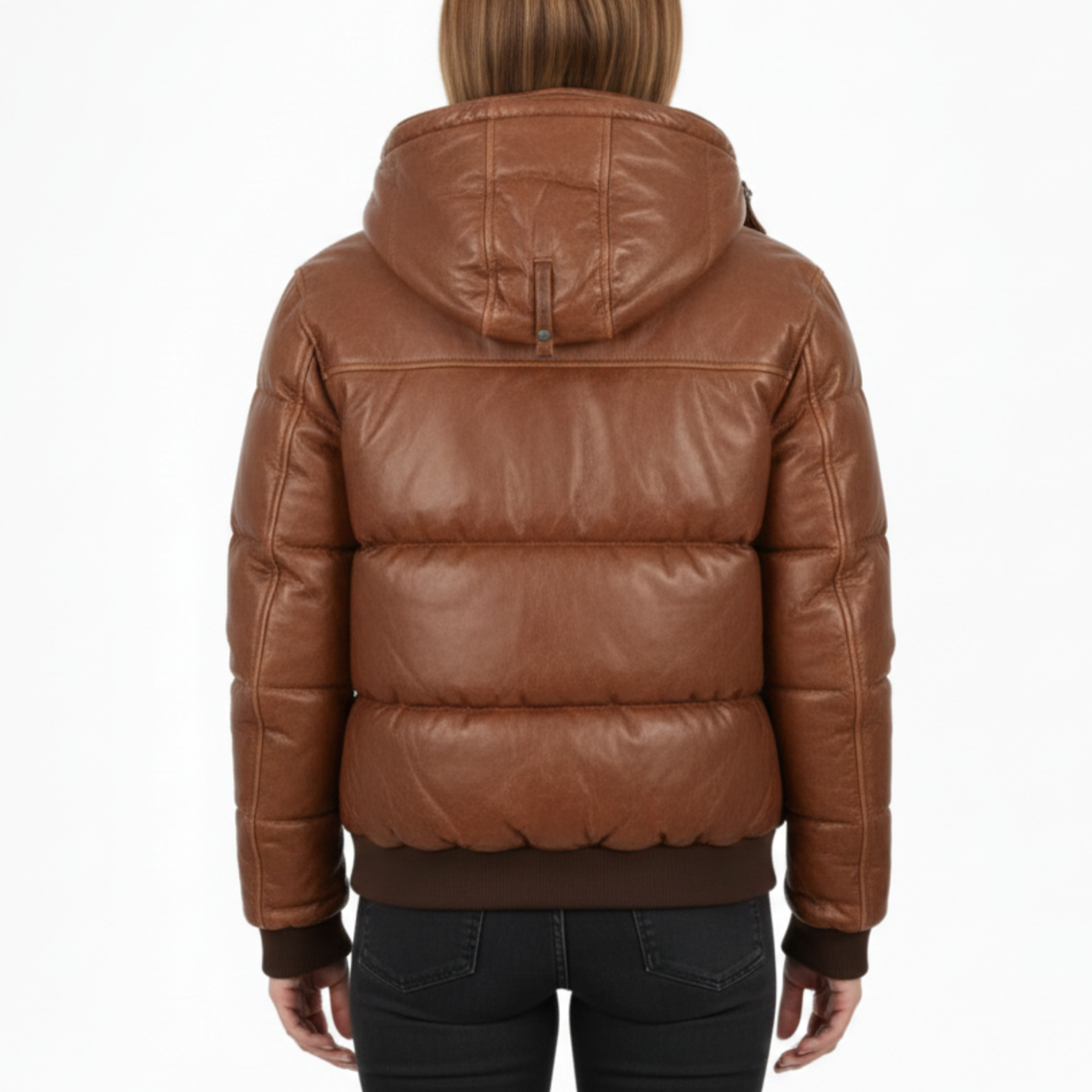 Women's Vintage Real Leather Brown Puffer Hooded Bomber Winter Jacket