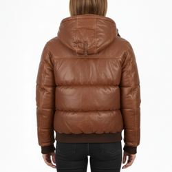 Women's Vintage Real Leather Brown Puffer Hooded Bomber Winter Jacket