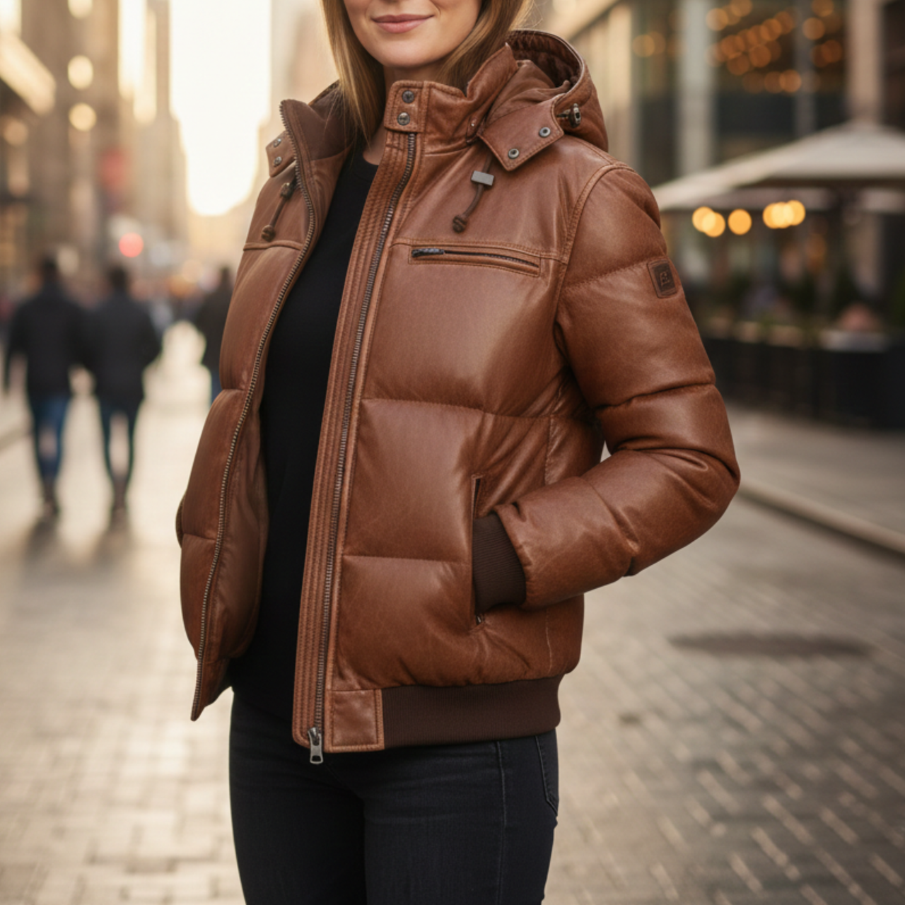 Women's Vintage Real Leather Brown Puffer Hooded Bomber Winter Jacket