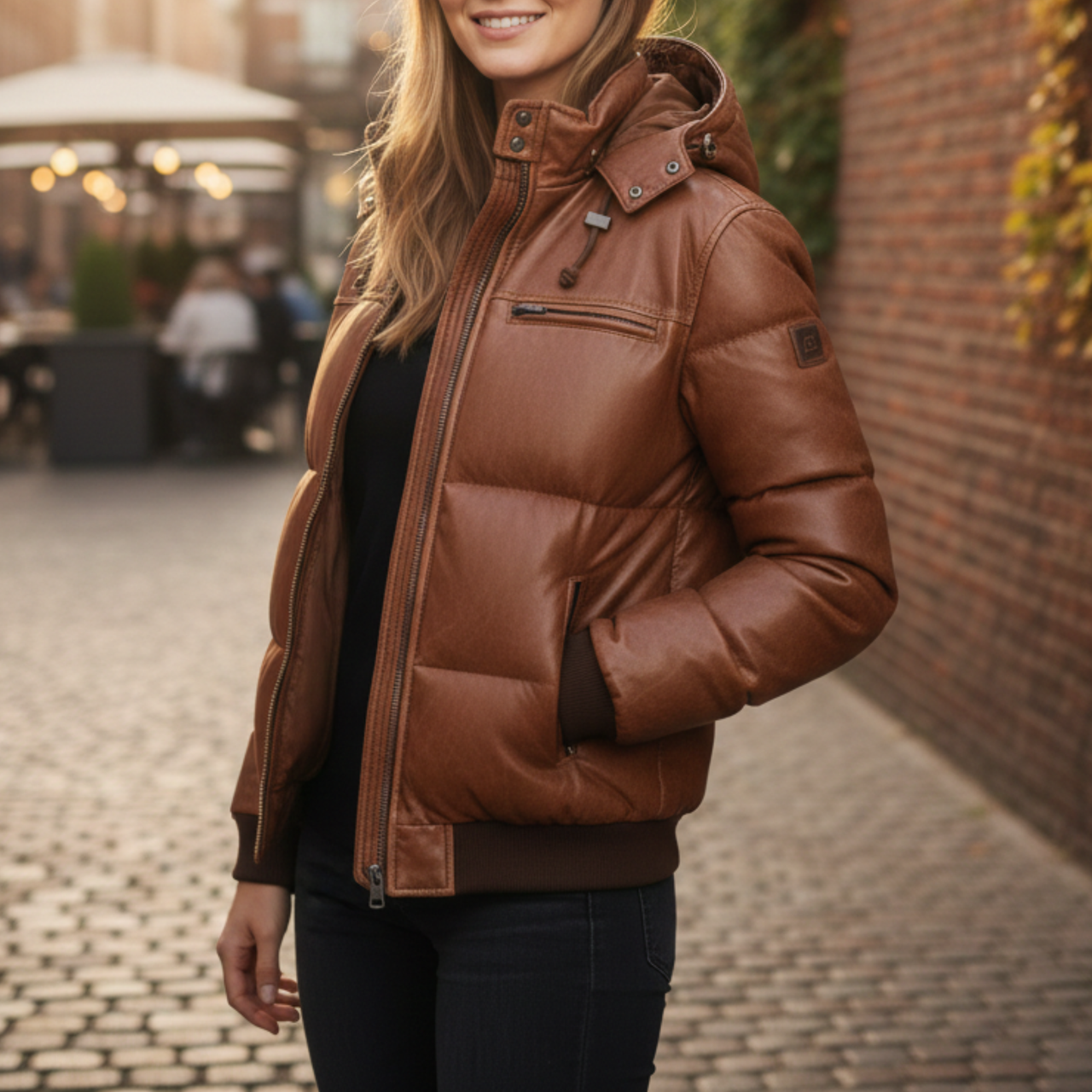 Women's Vintage Real Leather Brown Puffer Hooded Bomber Winter Jacket