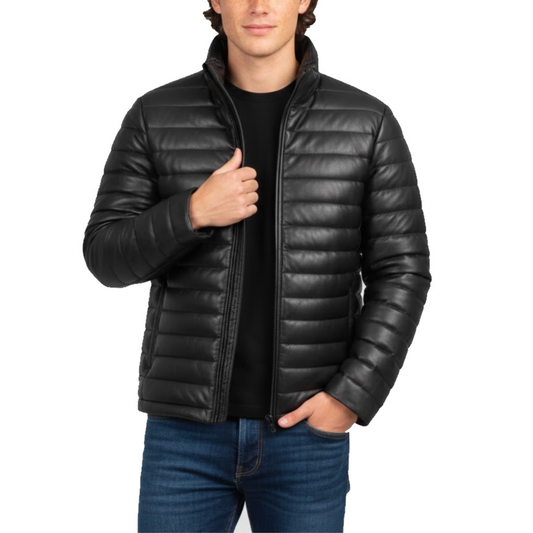 Men’s Black Faux Leather Puffer Quilted Bomber Jacket