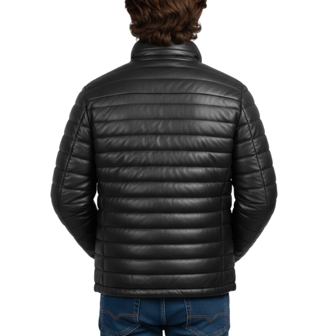Men’s Black Faux Leather Puffer Quilted Bomber Jacket