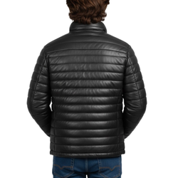 Men’s Black Faux Leather Puffer Quilted Bomber Jacket