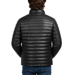 Men’s Black Faux Leather Puffer Quilted Bomber Jacket